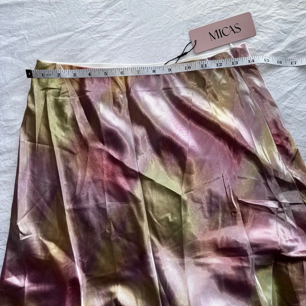 Micas‎ Pastel Tie-Dye Satin High wasited Midi Skirt Multicolor Flowy Large